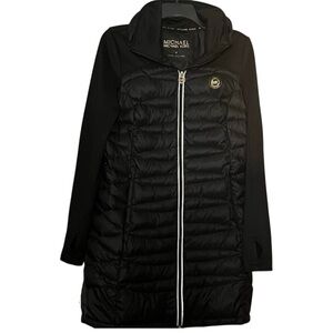 MICHAEL KORS BLACK DOWN QUILTED PUFFER JACKET COAT SIZE M STRETCH KNIT SLEEVES
